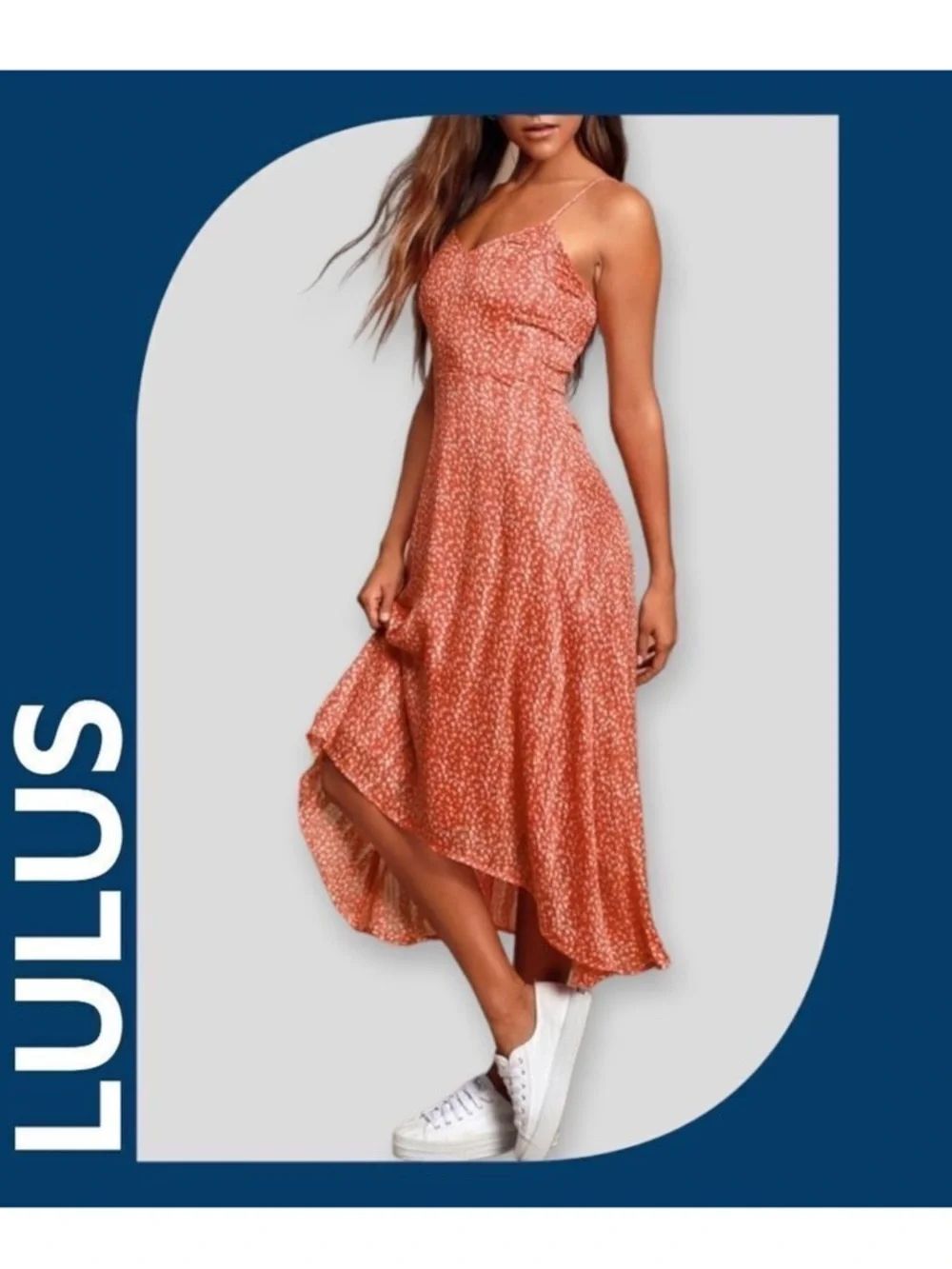 NWT LULUS Dreams Of Love Orange Floral Print High-low Midi Dress L